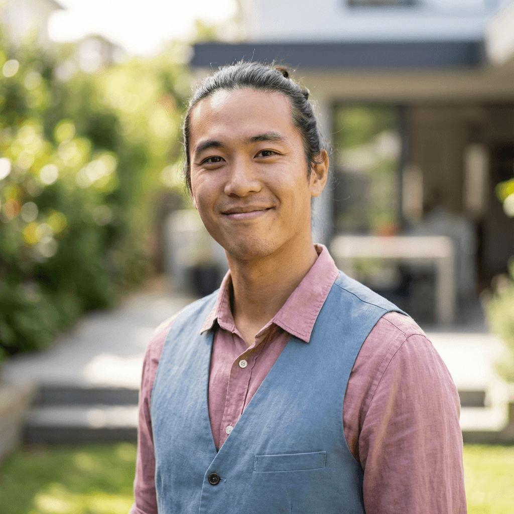 Marcus Chen in a business casual outfit at his office