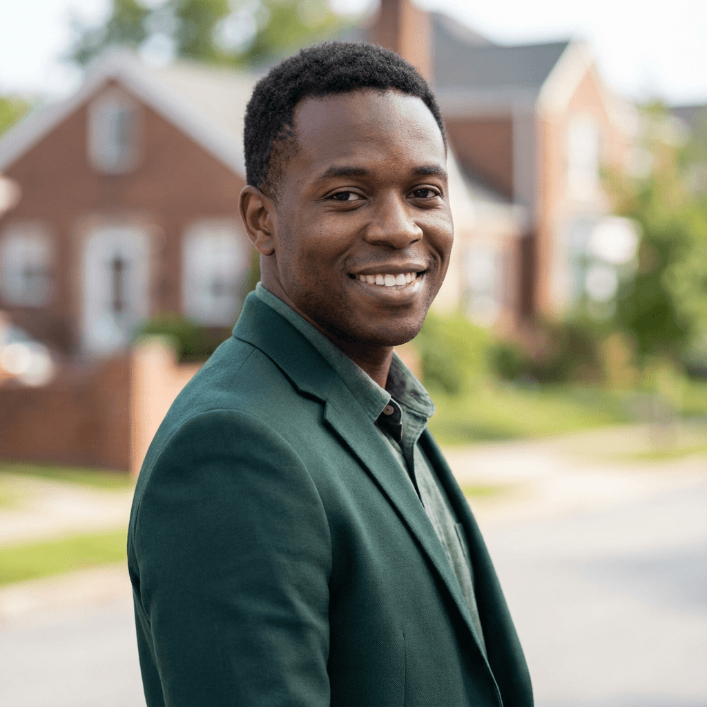 David Okonkwo smiling at a residential property