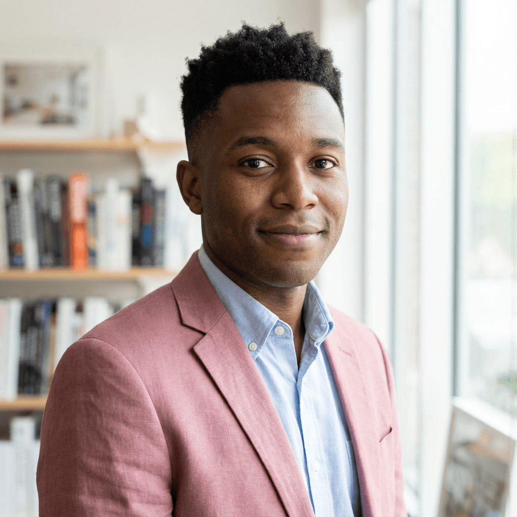 Male café owner in his mid 30s, Black, standing near a storefront