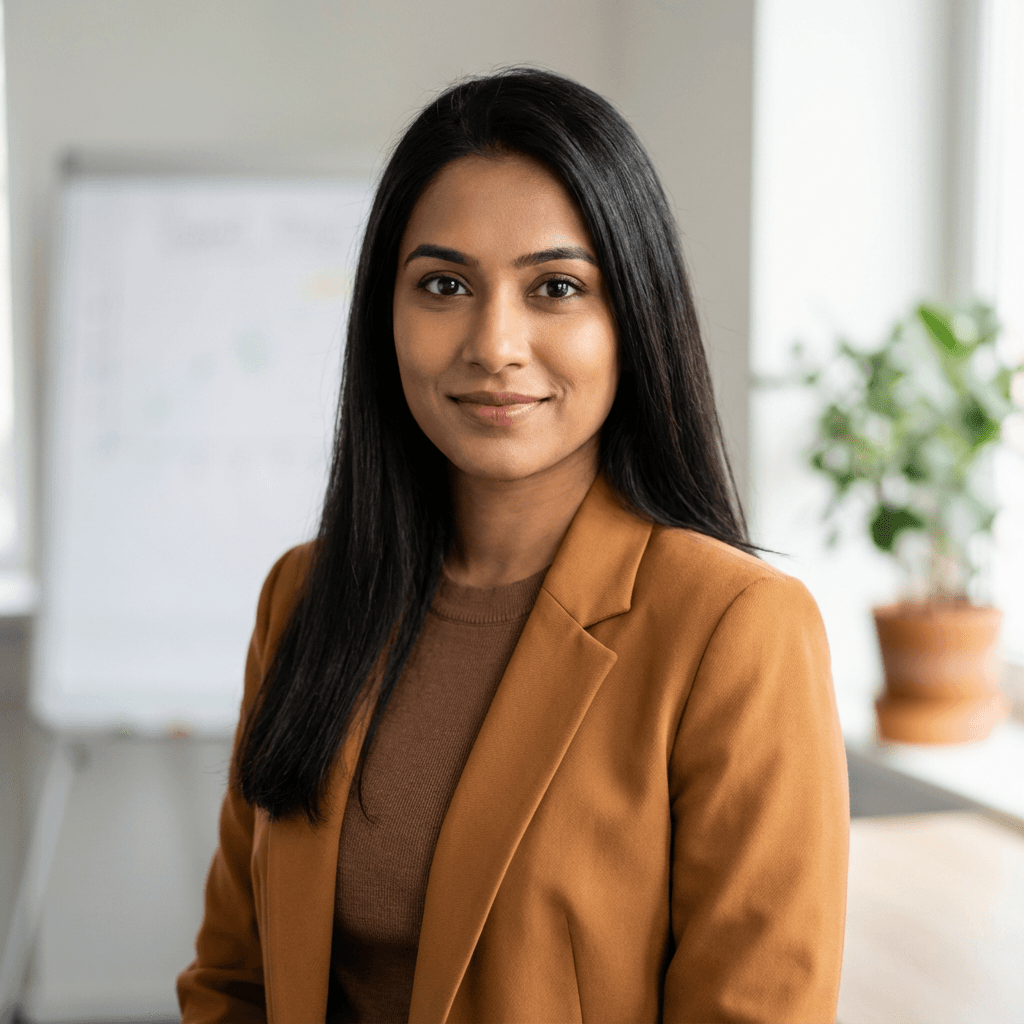 Female office manager in her late 30s, South Asian, in a modern office