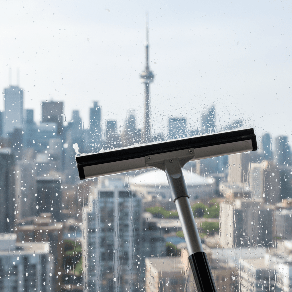 Squeegee gliding across a glass pane with Toronto skyline blurred in background