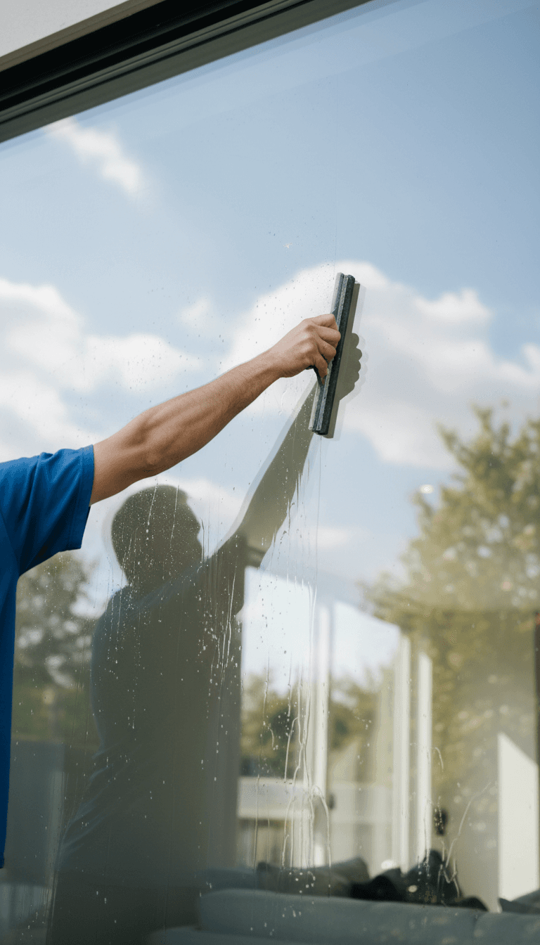 Window cleaner squeegee leaving a streak-free trail on a Toronto home window