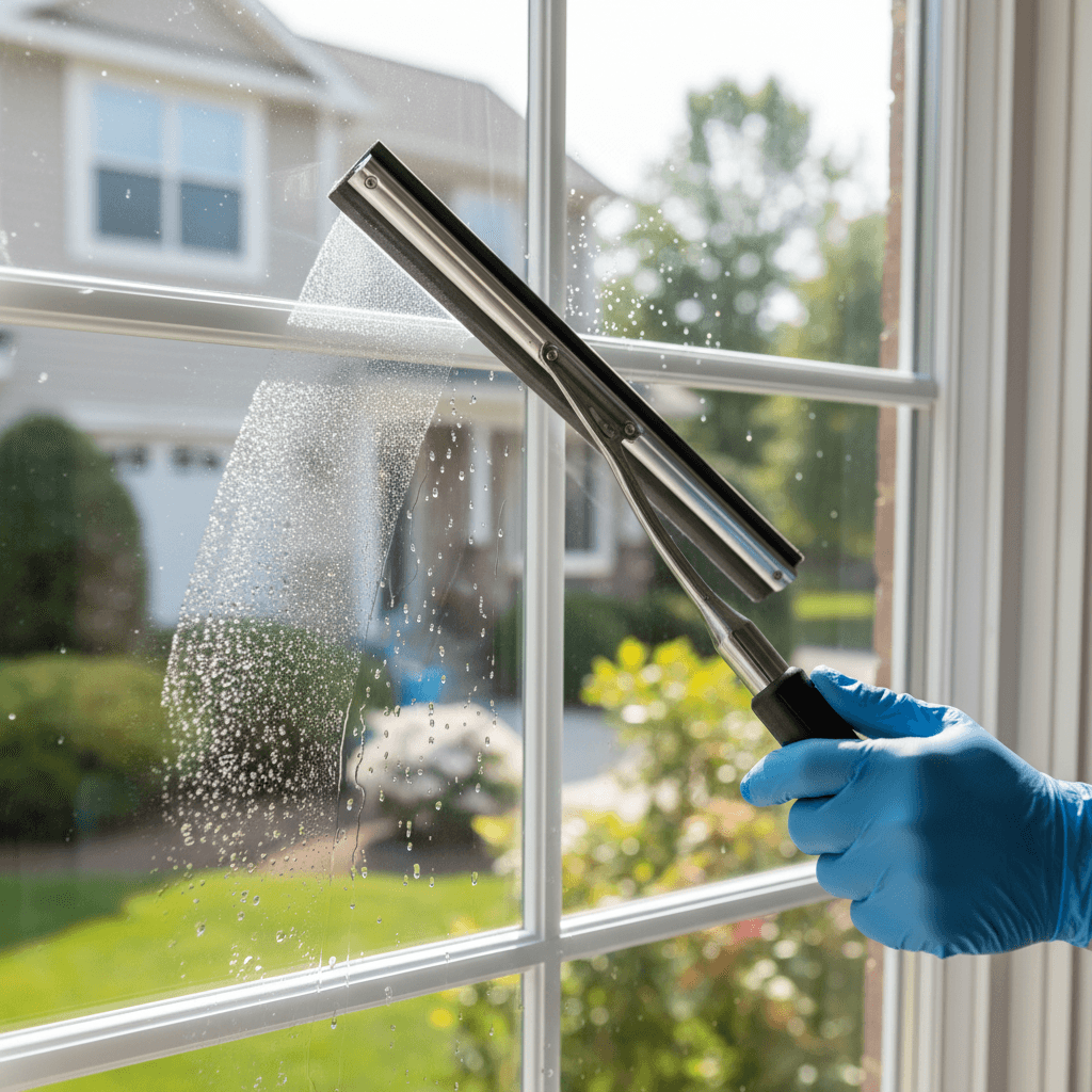 Window cleaner's squeegee gliding down a pane of glass