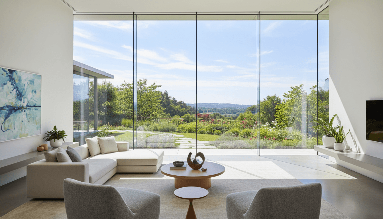 Bright residential bay window with spotless glass and a squeegee on the sill