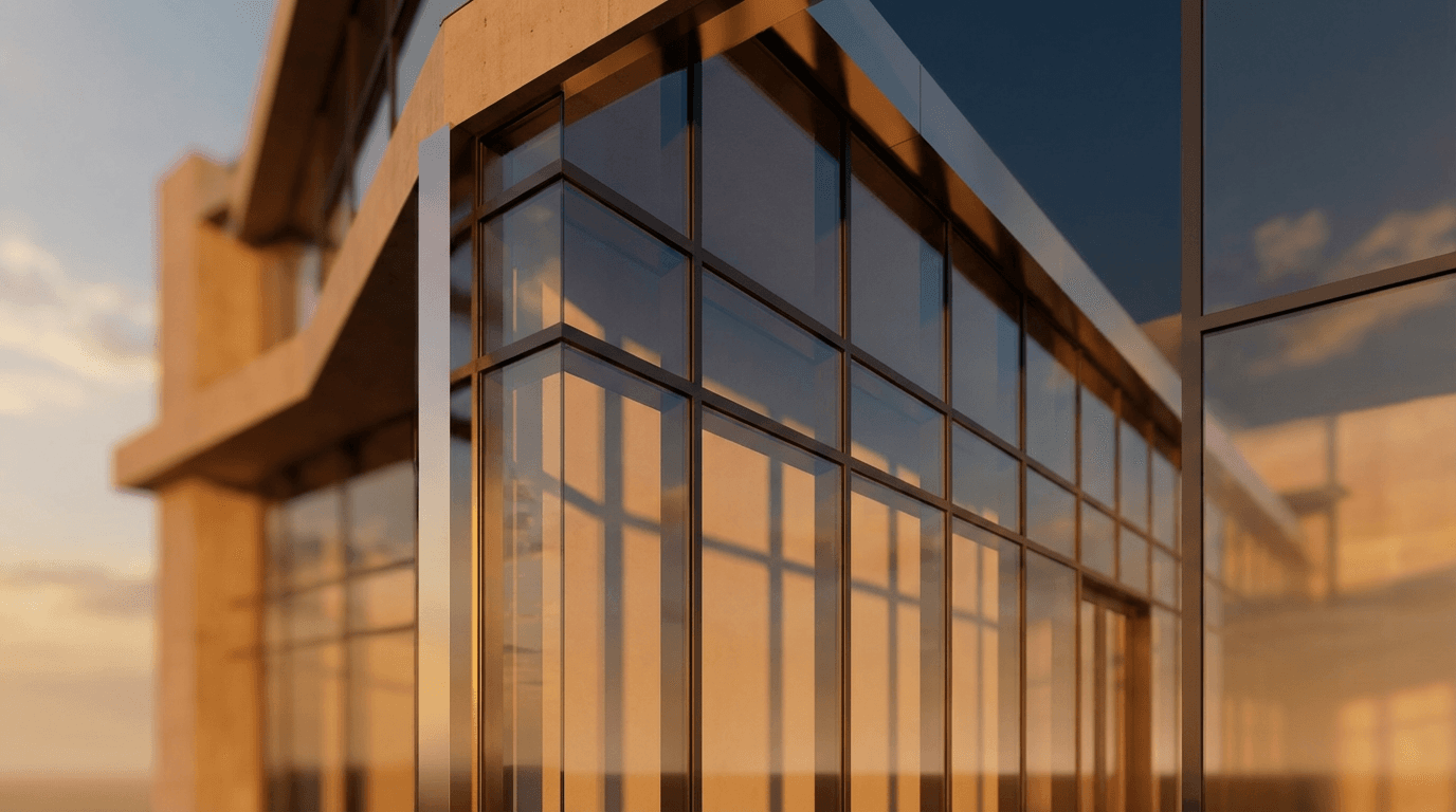 Clean commercial storefront glass reflecting the Toronto skyline