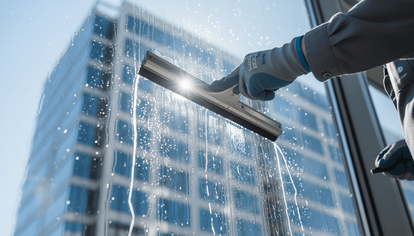 Window cleaner squeegeeing a storefront window in Toronto